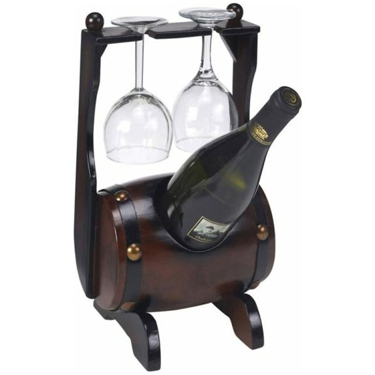 בר יין חבית שוכבת לבקבוק ו-2 כוסות