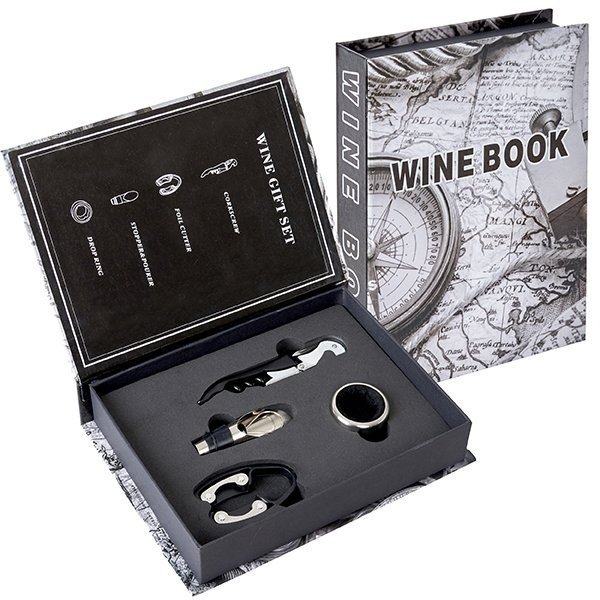 "WINE BOOK" מארז אביזרים 4 חלקים ליין באריזת מתנה מעוצבת בצורת ספר