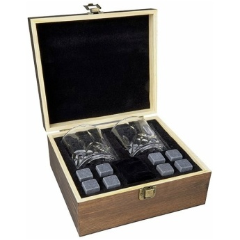 מארז מתנה וויסקי הכולל 2 כוסות ו-8 אבני קרח בקופסת עץ מהודרת