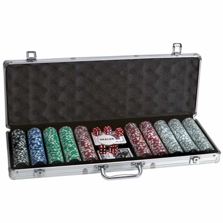 ערכת פוקר מקצועית 500 צ'יפים במזוודת אלומיניום פתוחה