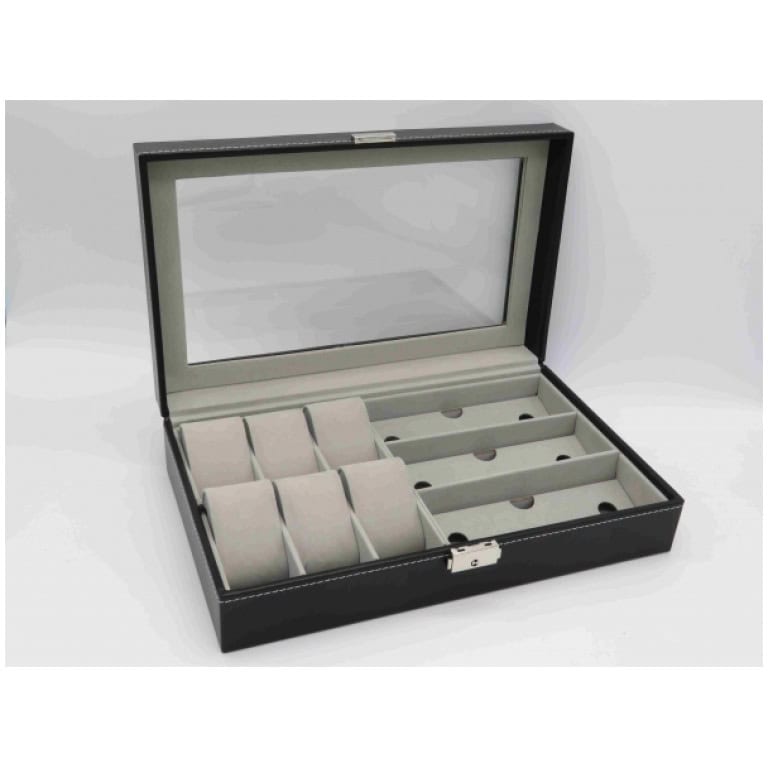 קופסת עור ל-6 שעונים ו-3 זוגות משקפיים