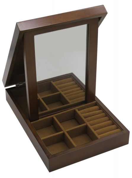 קופסת תכשיטים מלבנית מעץ עם מראה נפתחת
