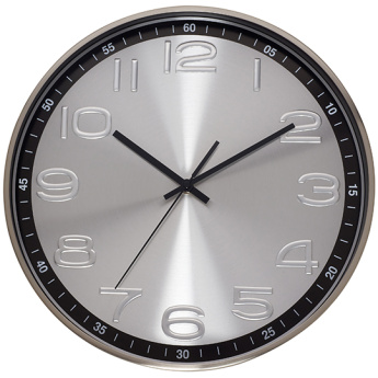 שעון קיר מזכוכית עם מסגרת שחורה ואמצע אפור עם עיצוב נקי ומודרני, מתאים לכל סוג של חלל.
