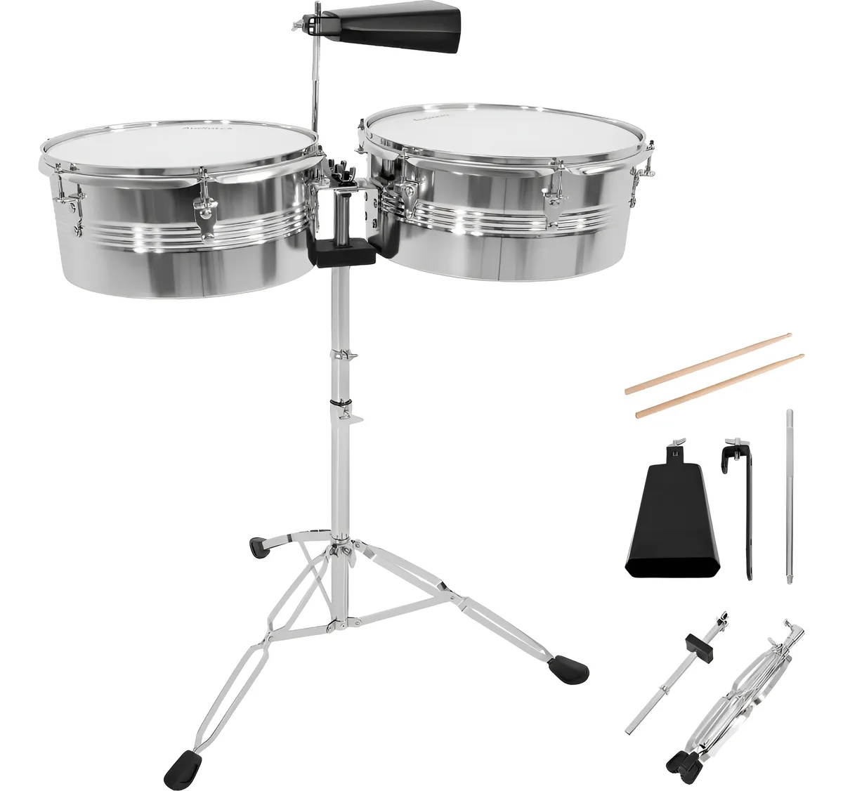 D_NQ_NP_2X_759715-MLM89583428214_082025-F-timbales-vaso-largo-14-y-15-pulgadas-con-cencerro-baquetas.webp KOALA YWTM2-1AC – זוג טימבלס 13/14 אינץ' עם סטנד ופעמון